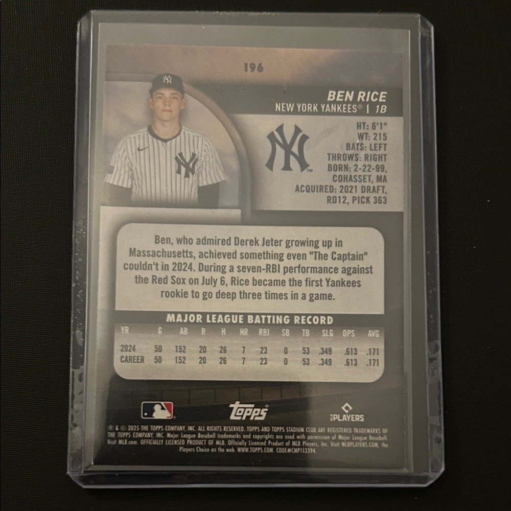 2025 Topps Stadium Club - Ben Rice #196 (RC) - Picture 2 of 2